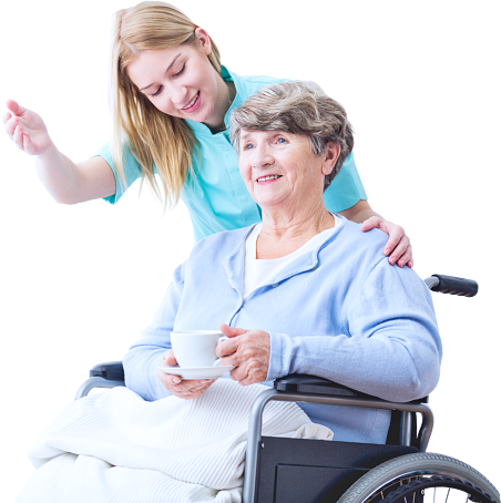 caregiver with senior woman on wheelchair